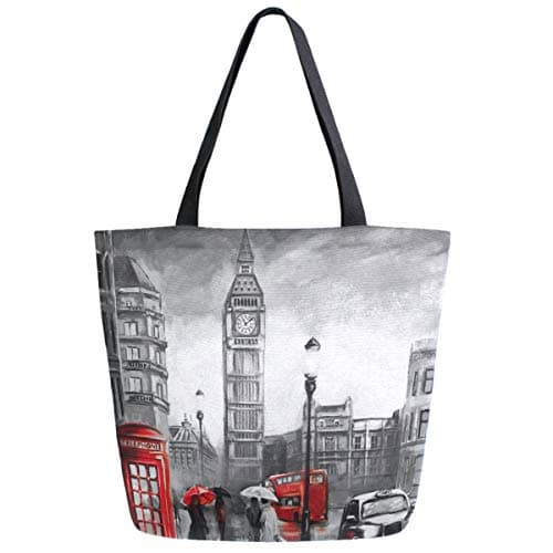 ZzWwR Chic Extra Large Shoulder Grocery Tote Bag, Stylish London Street Big Ben Canvas Reusable Handle Bags for Men Women Gym Weekender Picnic Beach Travel Home Storage Market Shopping