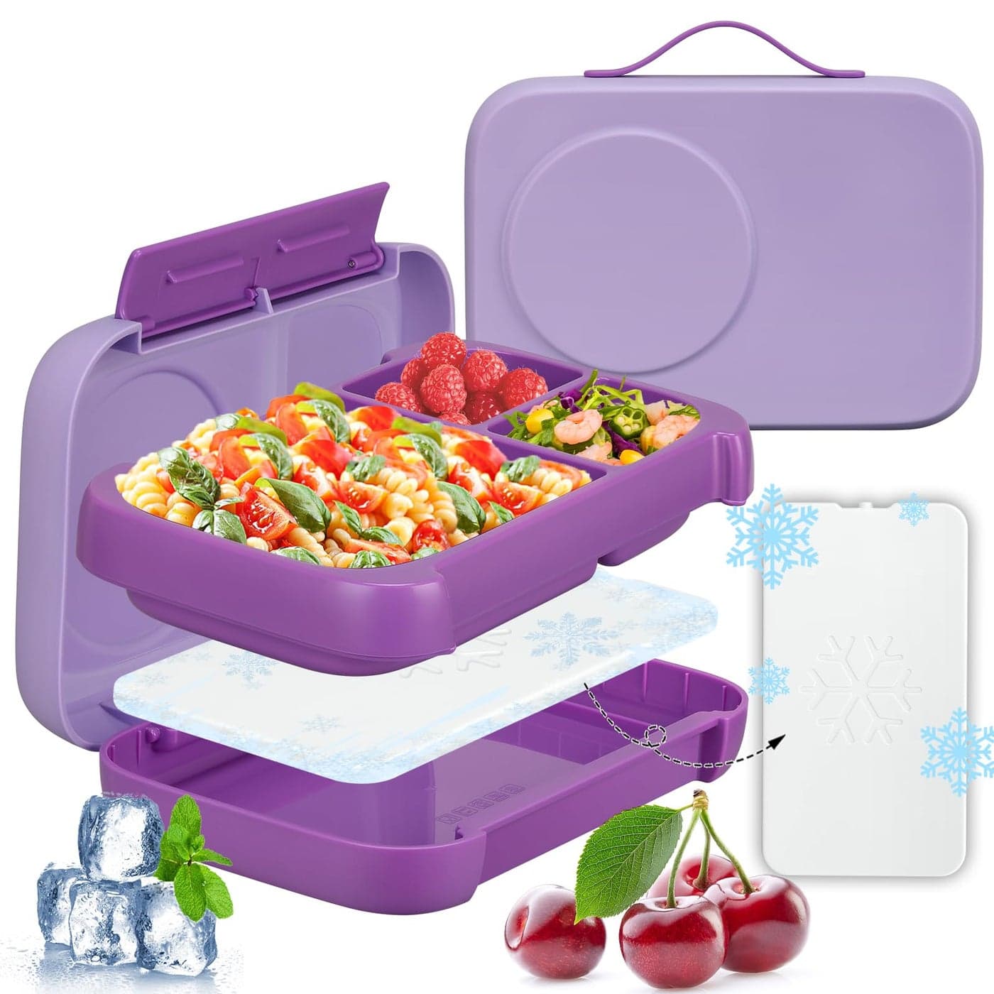 JXXM Bento Box for KidsKids Bento Lunch Box with Builtin Ice Pack for School3 Compartments Leak Proof Lunch Container with Utensils for Girl BoyBPA FreeMicrowave Dishwasher Safe 44ozPurple