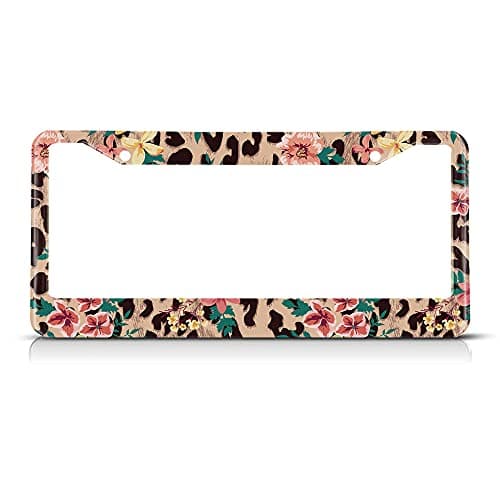 Beabes Vintage Flower and Leopard License Plate Frame Pink Novelty License Plate Frame Beige Hibiscus Hawaii License Plate Car Tag Holder Metal License Plate Frame for US Vehicles Standard