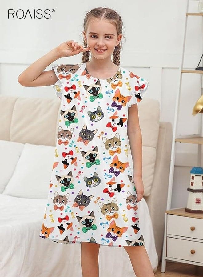 Girls Cartoon Nightdress, Adorable Comfortable Sleepshirts, Summer Dress with Vivid Cat Patterns, Breathable Sleeveless Nightgown, Cozy Pajama Dress for Girls, Perfect for Casual Sleepwear, Daily Wear and Home Wear