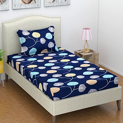 VAS Collections Premium 3D Printed 144 TC Microfiber Single Bedsheet with 1 Pillow Covers (220X152 cm) Navy Blue & Yellow