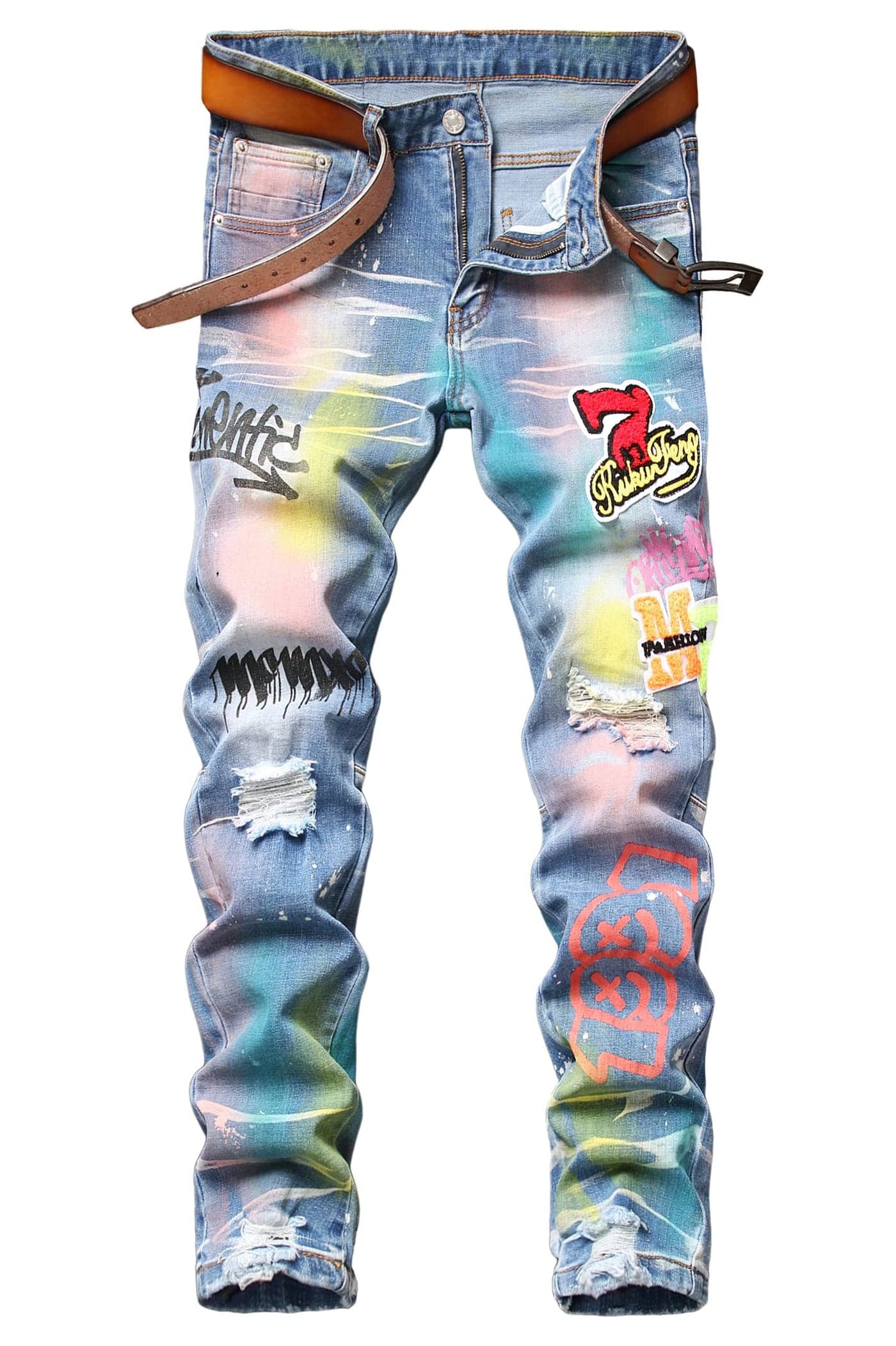 Mens Skinny Designer Printed Jeans Stylish Ripped Badge Patches JeansBadge 3029 BlueSize 30
