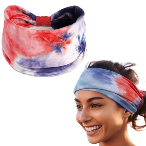 XFYT Ultra Wide Workout Fashion Hair Bands | Super Soft Stretch Microfibre high absorbtion Wide Head Band for Women Girls Yoga Sports Fitness Gym (Crimson Blue)