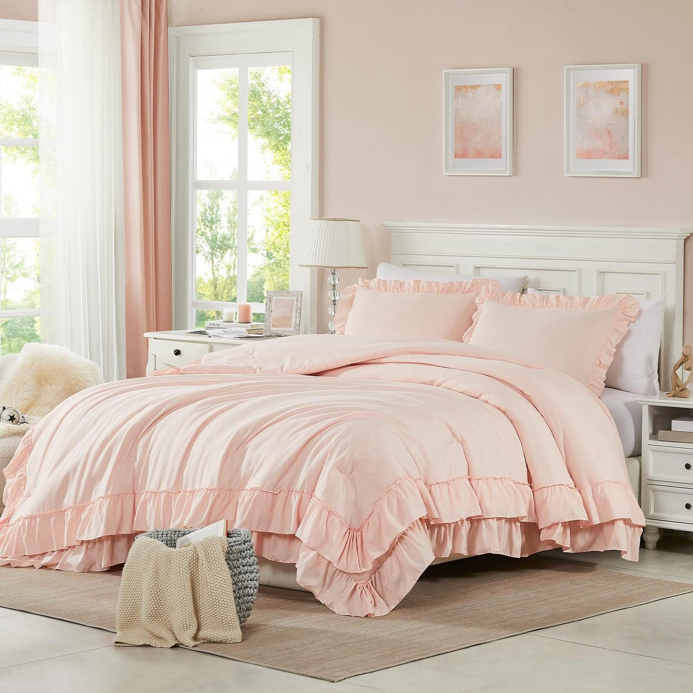 Cupocupa Blush Pink Comforter Set Queen 3Pcs Comforters Queen Size Ruffle Farmhouse Bedding Sets Queen with Comforter Lightweight Soft Shabby Chic Bedding Comforter Set Fluffy for All Season