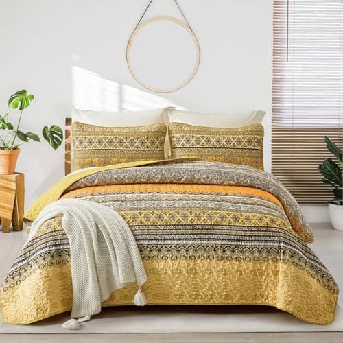WONGS BEDDING Boho Queen Quilt Set, Yellow Orange Bohemian Queen Quilt Bedding Set, Lightweight Microfiber Bed Decor Bedspread for All Season 96"x90"(3 Pieces)