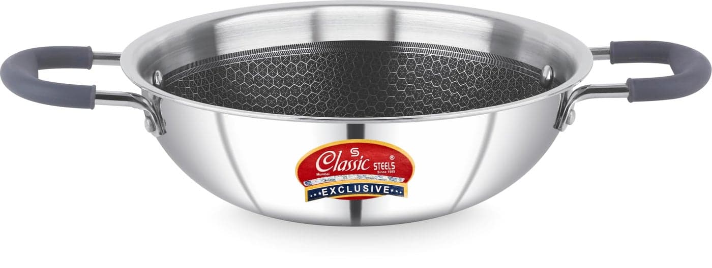 Classic Steels Hexa Comb Triply Kadai Without Lid - 1 LTR (18cm) | Non-Stick Stainless Steel Kadhai for Cooking | Induction & Gas Compatible | 2.5mm Thickness | Durable Stay Cool Silicon Handle