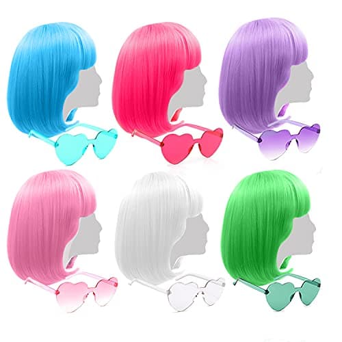 Short Bob Colored Wigs with Bangs,6 Pcs Fruit Beach Series Set Cosplay Wig with Rimless Heart Shape Sunglasses, Hairpieces for Neon Halloween Costume Wig Bachelorette Party Decorations (6 Pack Afro)