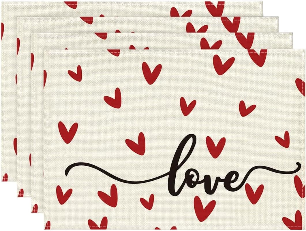 Artoid Mode White Love Valentine Placemats Set of 4 12x18 Inch Seasonal Anniversary Holiday Table Mats for Party Kitchen Dining Decoration