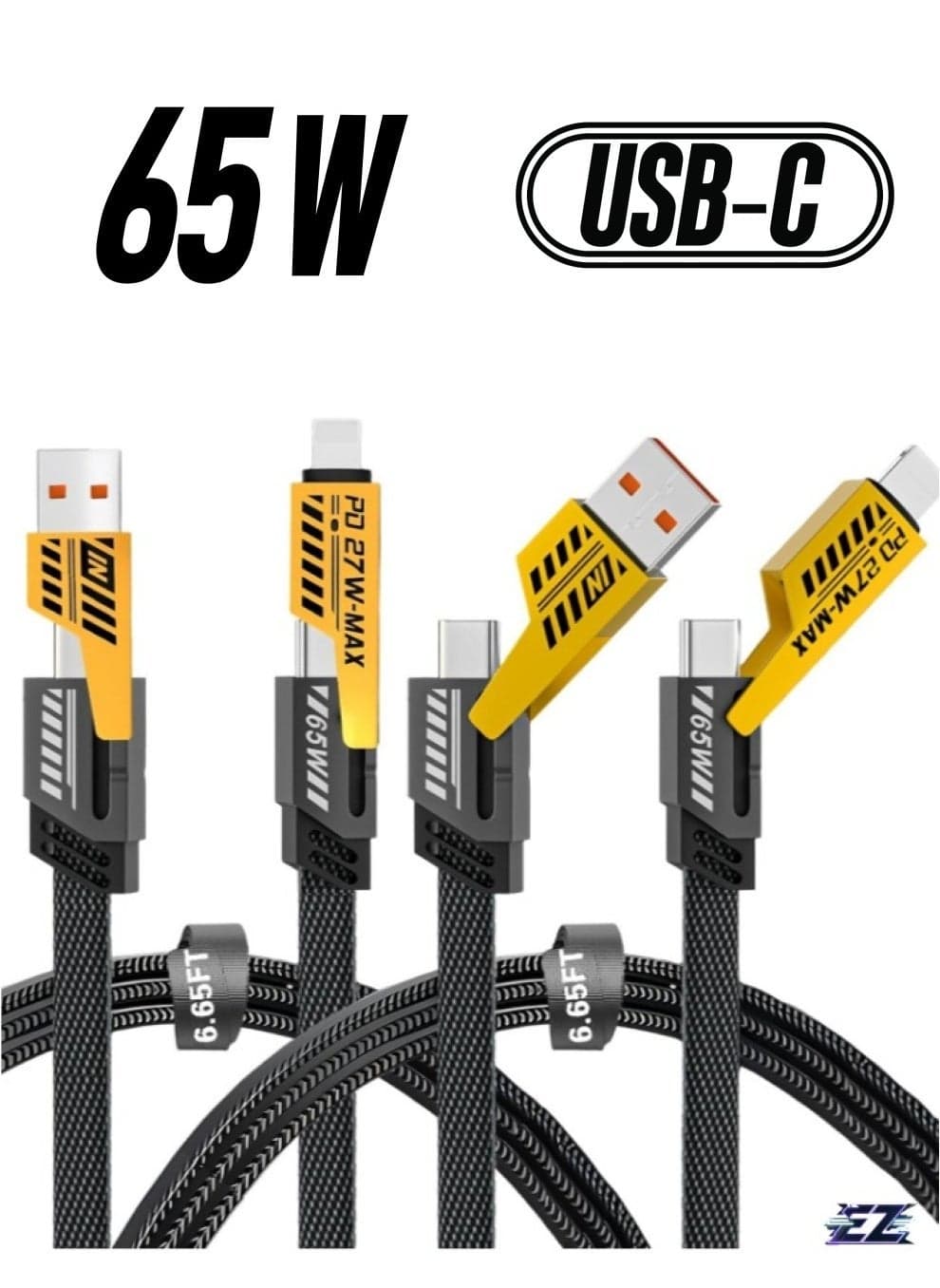 2Pack 4 in 1 Fast Charging Cable, Transferring Data, 6.65 Ft, Braided Cable 65W, USB C USB A and IP, Multiple Charging Cable for Phone/Pad/More
