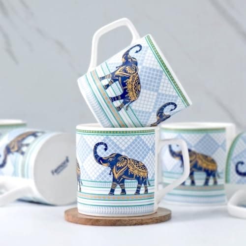 Femora Elegant Stylized Elephant Design Golden Ceramic Tea Cups | Blue & Gold Finish | Set of 6 | Capacity - 180 ml | Ideal for Home, Gifting & Office Use