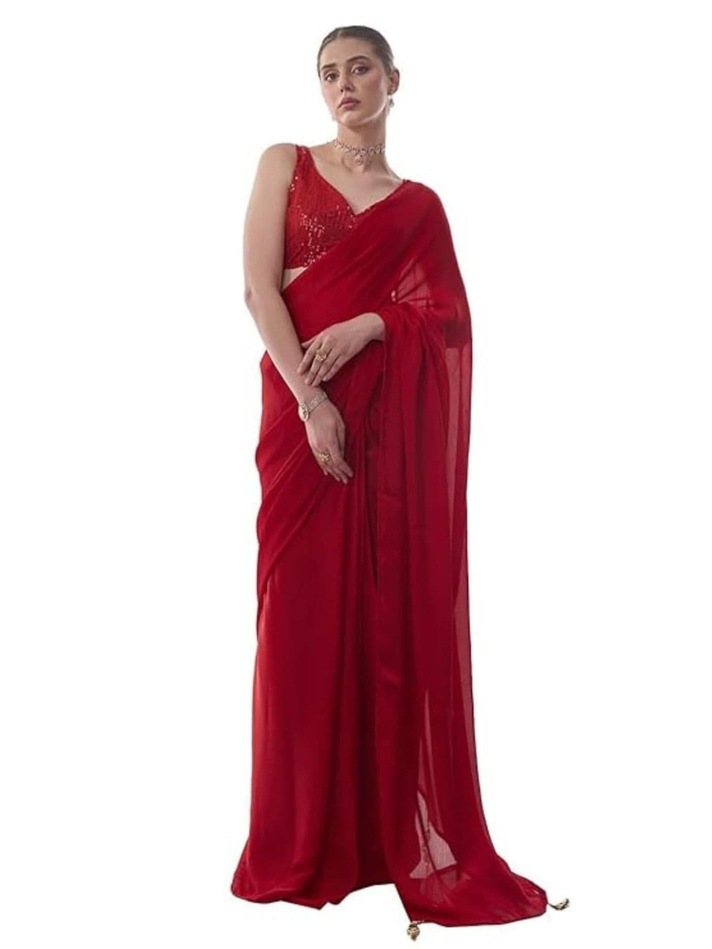 ORHANS Women's Georgette Solid Printed Pattern Saree With Sequinned Embellished Border And Art Silk Matching Bouse Piece | Saree For College & Office Party