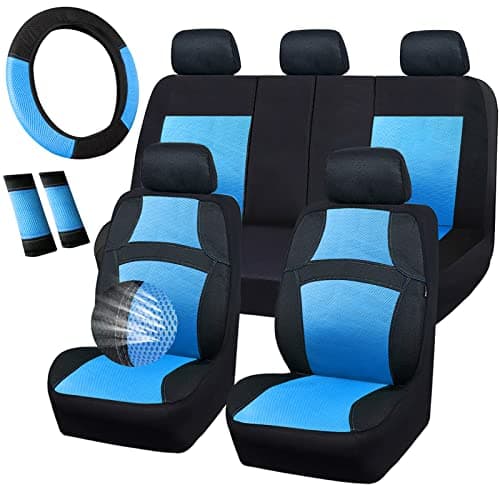 CAR PASS Universal 13PCS 3D Air Mesh100 Breathable Seat Covers Full Sets Steering WheelBelt Cover Airbag and Rear Split Bench Compatible for 90 Automotive SUV Truck Cute Women Black Water Blue