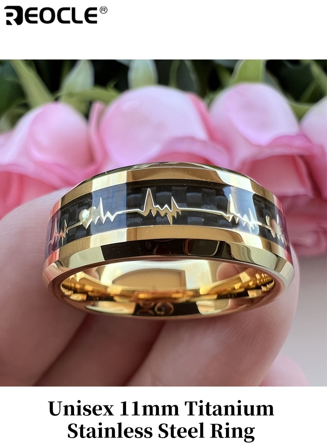Unisex Stainless Steel Ring with ECG Heartbeat Pattern Polished Wedding Band with Carbon Fiber Inlay for Daily Wear and Parties Special Occasions