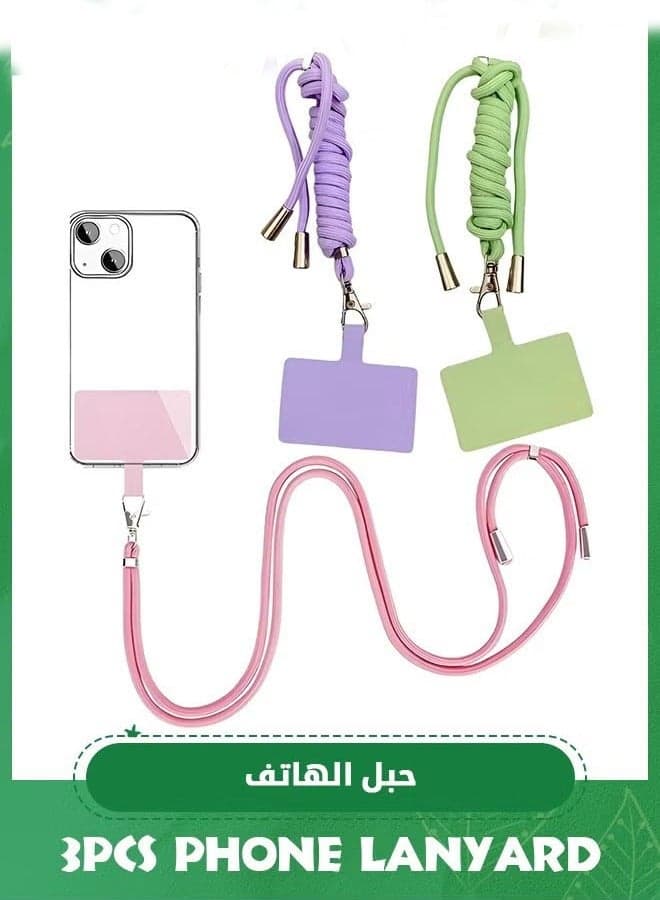 3 Set Universal Cell Phone Lanyard, Green Pink Purple Phone Tether Safety Strap Crossbody Lanyard with Adjustable Nylon Neck Strap,Compatible with Every Smartphones