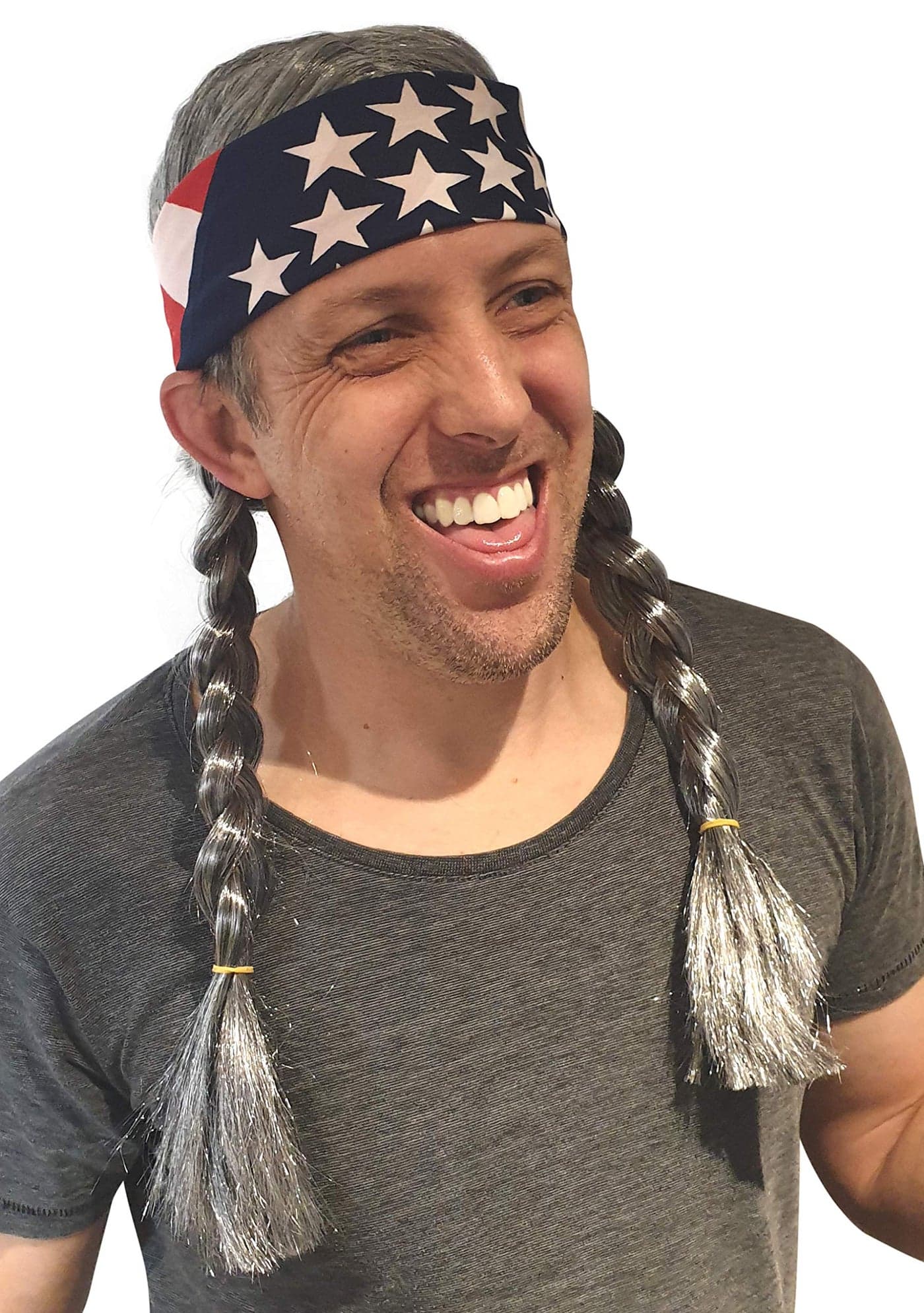 HandinHandCreations Hippie Willie Wig Cowboy Country Braids Wig USA Bandana One Size Fits All
