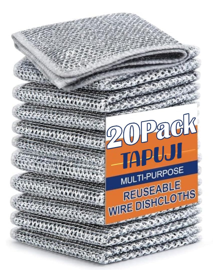 TAPUJI Pack of 20 Multipurpose Wire Dishwashing Rags for Wet and Dry Stainless Steel Scrubber Non-Scratch Wire Dishcloth for Washing Dishes Sinks Counters Easy Rinsing Machine Washable
