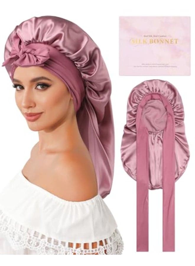 AWAYTR Silk Bonnet for Long Hair 100 Mulberry Silk Bonnet for Sleeping Women or Kids with Adjustable Elastic Band Rose Gold