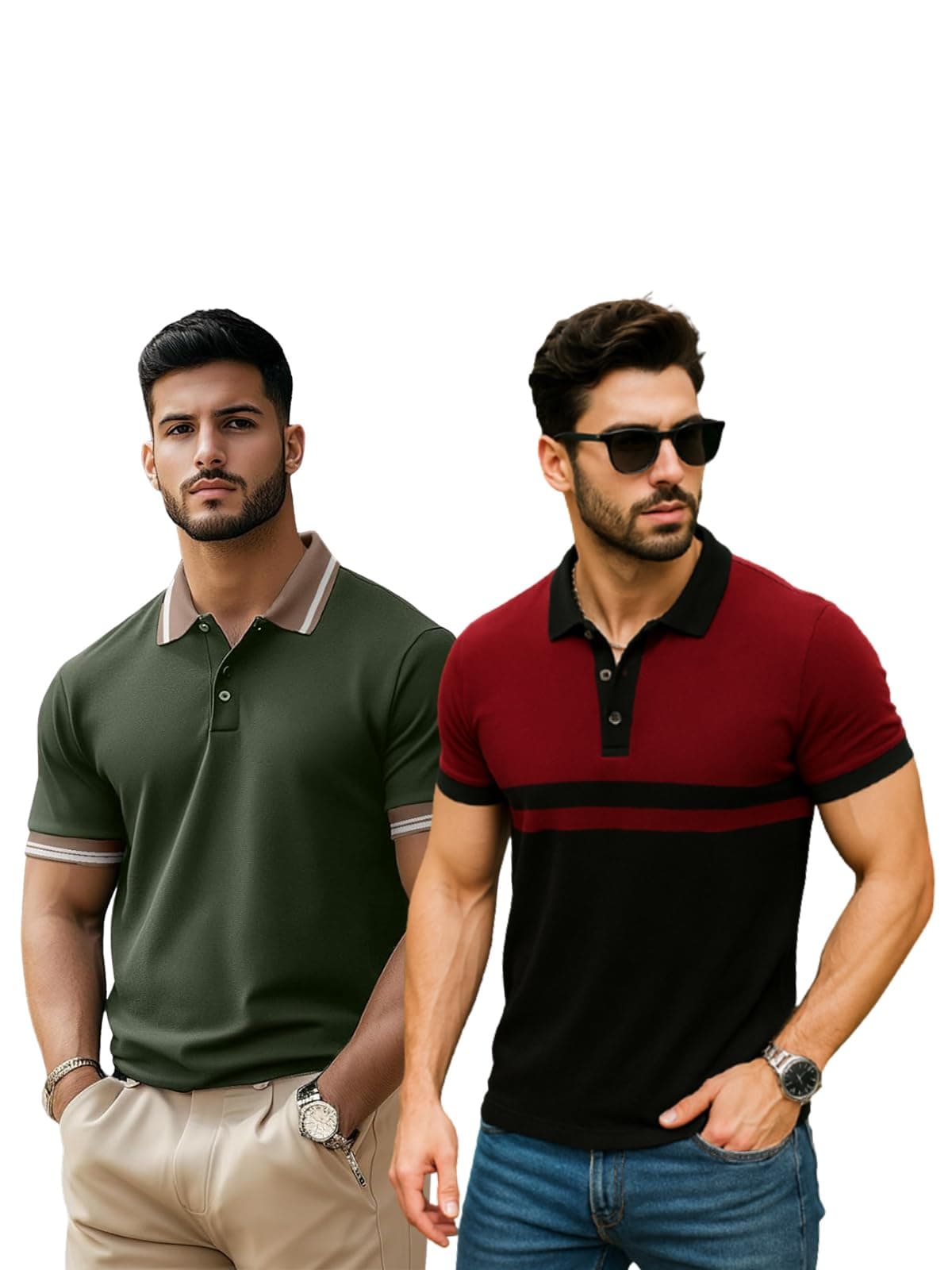 Veirdo® Pack of 2 Pure 100% Cotton Regular Fit Solid Plain Classic Polo Collar T-Shirts for Men & Boys – Half Sleeves – Olive & Maroon