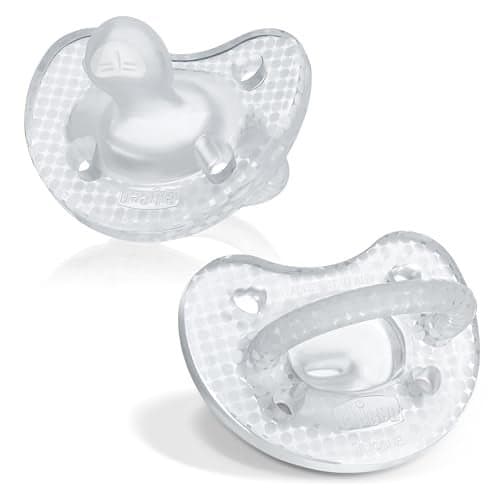 Chicco PhysioForma Luxe Orthodontic Pacifier for Babies 0-6 Months, One-Piece 100% Soft Silicone, Supports Breathing, Textured Shield & Handle, Included Sterilizing Case, BPA Free, 2-Pack, Crystal