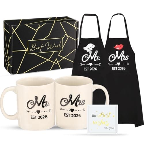 DDOFAH Mr and Mrs Est 2026 Mug and Apron Set, Wedding Engagement Anniversary Bridal Shower Gifts for Couple Mr and Mrs Smith Bride Groom Husband Wife Newlyweds Gifts