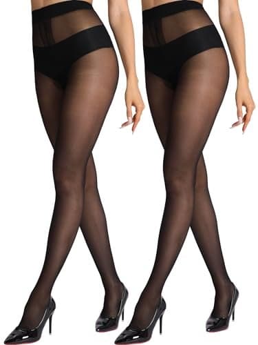 HONENNA Sheer Black Tights for Women 2 Pairs Ultra Thin Reinforced T Crotch Control Top Pantyhose Stockings