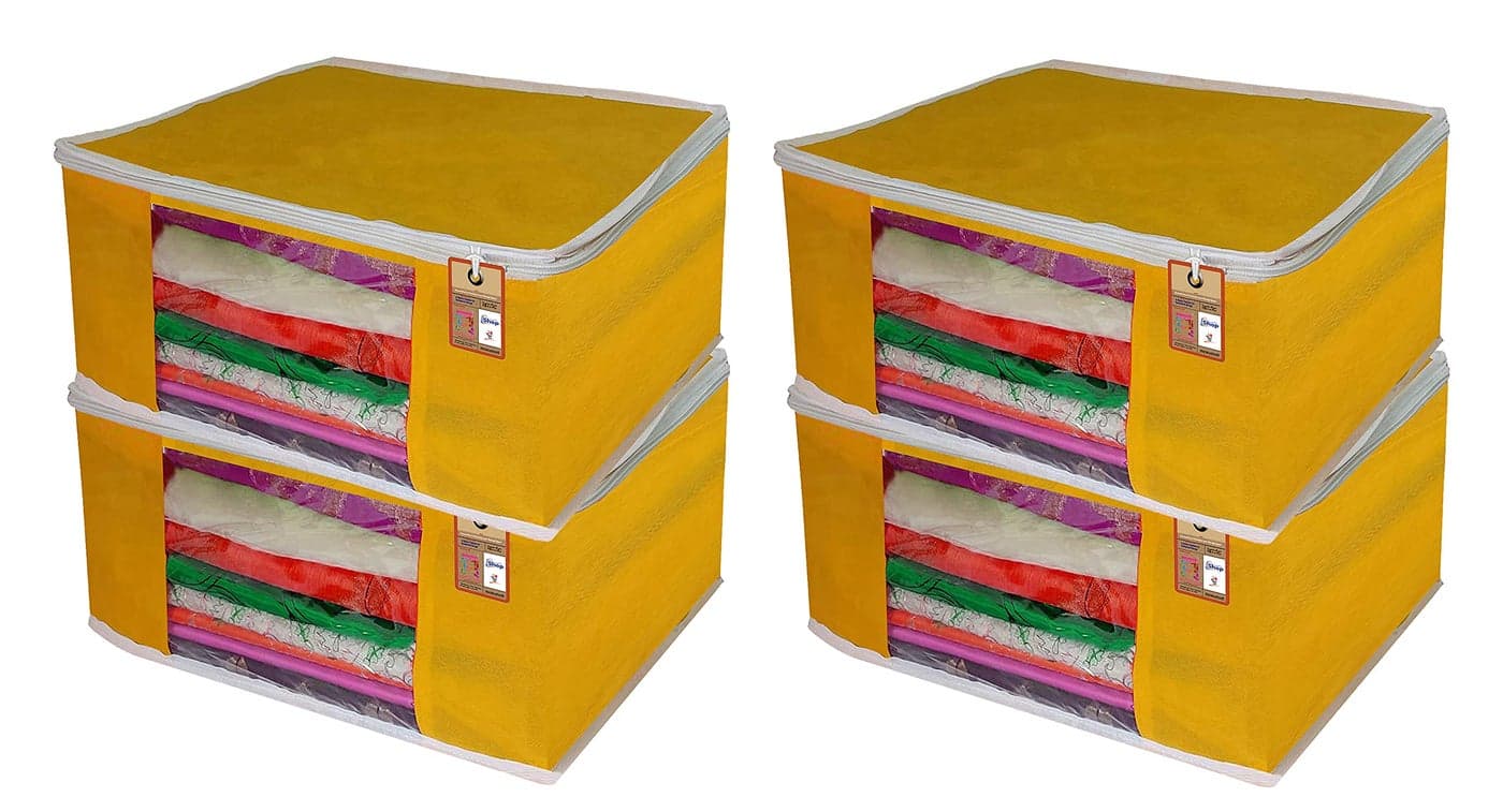 atorakushon® Fabric Yellow Garment Storage Bags Wardrobe Organizer for Clothes Storage Box Saree Cover Pack of 4