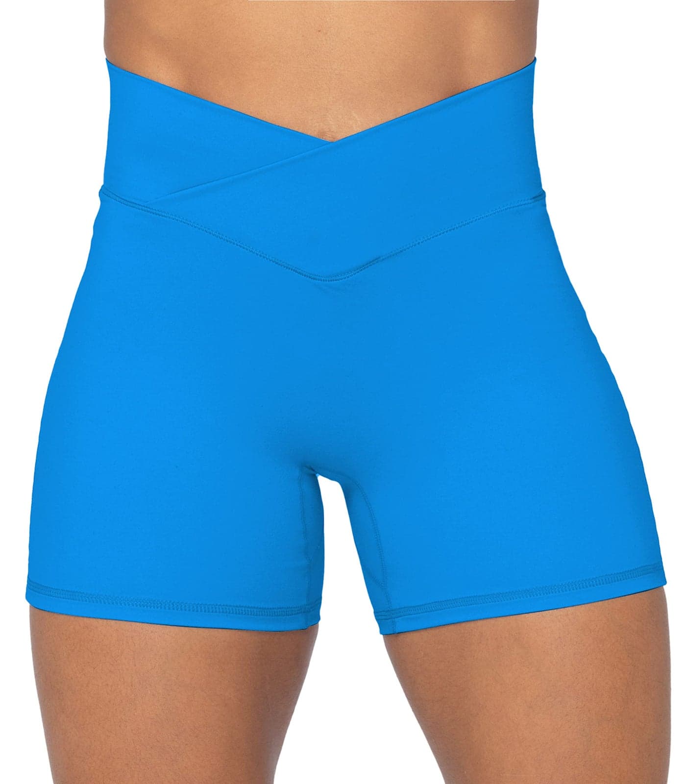 Sunzel Sunzfly Crossover Biker Shorts for Women, V Criss Cross High Waist Yoga Workout Gym Shorts with Tummy Control 4" Classic Blue Medium