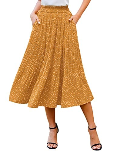 Zeagoo Womens Casual Boho Skirt Polka Dot High Waist Pleated A-Line Swing Midi Skirts with Pockets Yellow M