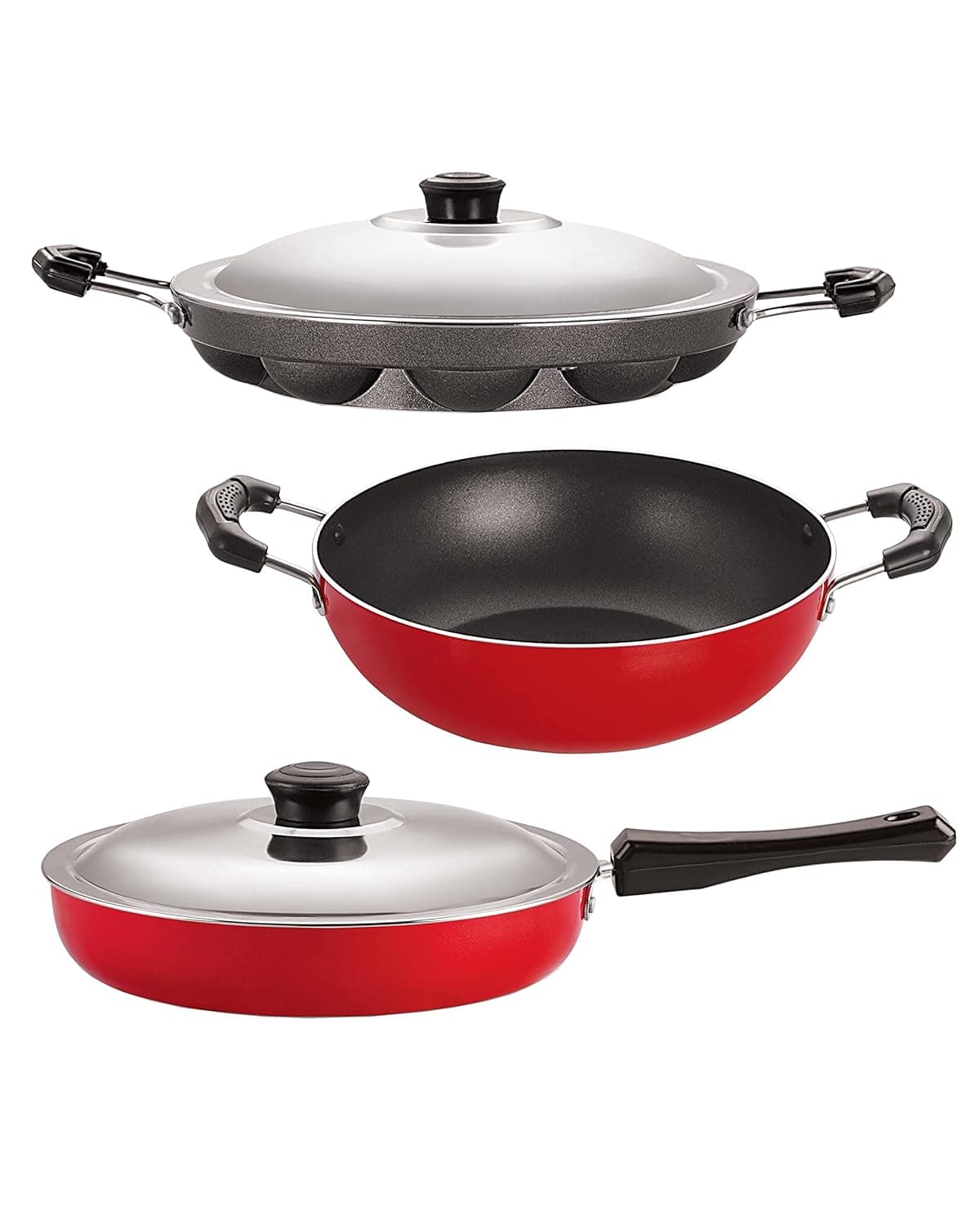 Nirlon Non Stick 3 Piece Combo Set Aluminium Red Black