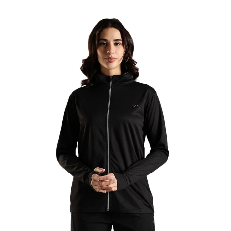 BLUE TYGA Sunscreen Jacket Women's Travel Nylon Solid Plain Sports Summer Gym Workout Running Travel Trekking And Sunscreen Standard Length Jacket For Women Nylon Winter Casual Wear, 2Xl,Black