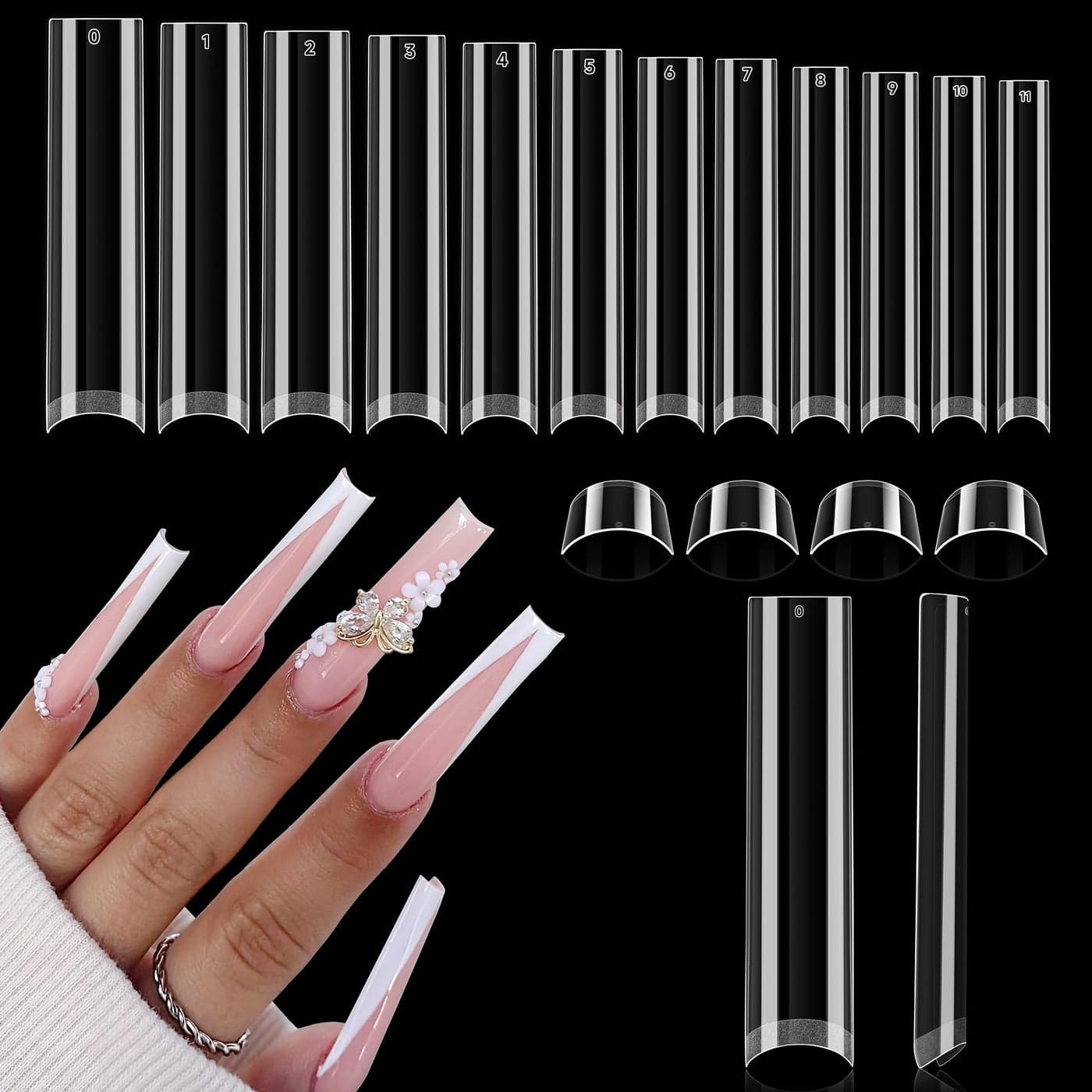 UNA GELLA 504PCS Tapered Square Nail Tips XXXL No C Curve Extra Long Straight Clear Nail Tips Half Cover 12 Sizes Gel Fake False Nails Press on for Nail Extensions Professional Nail Art Use
