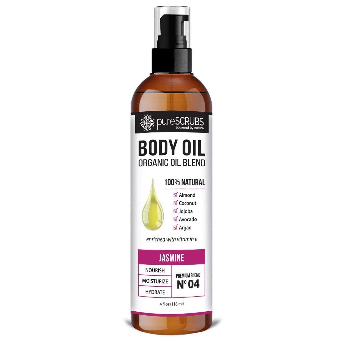 pureSCRUBS Ultra Moisturizing Jasmine Body Oil Spray for Dry Skin Massage Cuticles More Organic Super Blend of Jojoba Argan Coconut Sweet Almond Avocado Enriched with Vitamin E Lg 4oz