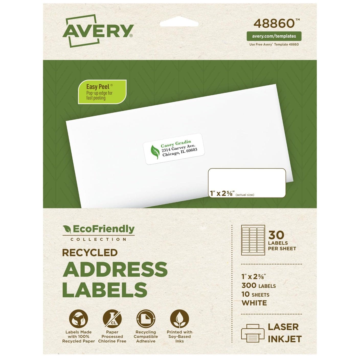 Avery EcoFriendly Recycled Address Labels, 1" x 2-5/8", White, Permanent Label Adhesive, 300 Printable Labels (48860)