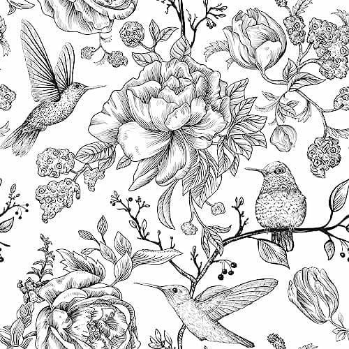 MAGAFA Vintage Floral Peel and Stick Wallpaper - Black and White Flowers, Hummingbirds, Butterflies - Removable, 17.7"x236.2"