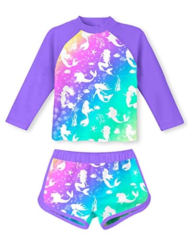 Girls Rash Guard 2Piece Swimsuit Set Teens Mermaid Printed O Neck Long Sleeve for 6 7 Yrs Old Kids Bikini with UPF 50 Sun Protection for Pool Beach Party