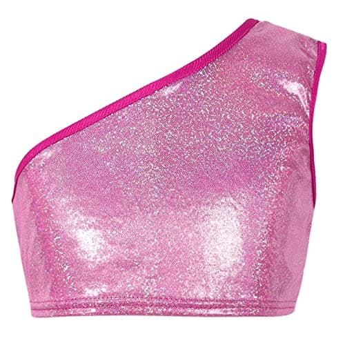 DRHOM Kids Girls OneShoulder Sequins Dance Vest Jazz Hip Hop Stage Performance Tank Crop Tops Clothes Dancewear Rose Red 1012