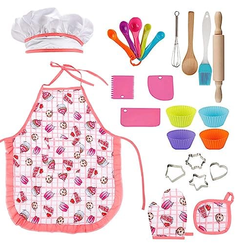 GIFTRRTOY Real Kids Cooking and Baking Set 24 Pcs Kids Chef Role Play Costume Set Includes Cake Apron Chef Hat Cooking Mitt Utensils Cupcake Molds for Toddler Boys and Girls Ages 3