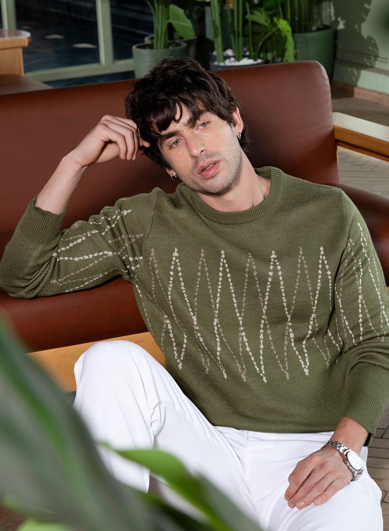 Men Zigzag-Jacquard Pullover Sweater | Round Neck, Long Ribbed-Cuff Sleeves | Pull On , Ribbed-Straight Hem | Geometric Jacquard Knitted Fabric For Casual & Daily Wear | Olive Green