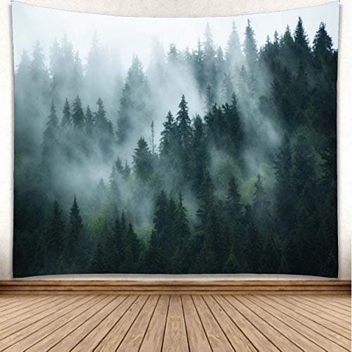 YISURE Forest Tapestry Wall Hanging Foggy Tree Tapestry Nature Misty Forest Mountain Wall Tapestries Woodland Landscape Backdrop for Dorm Room Living Home Office Large, Grey Green, 91(W) X71(L) Inch