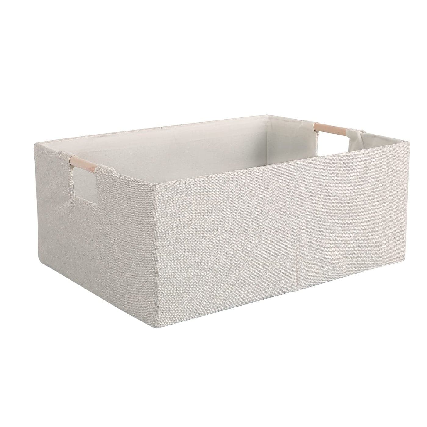 LaMore Fabric Storage Bin Box Foldable Cotton Linen Storage Basket with Wooden Handles Rectangular Cube Decorative Home Laundry Organizer Clothes Blanket Container Beige Medium