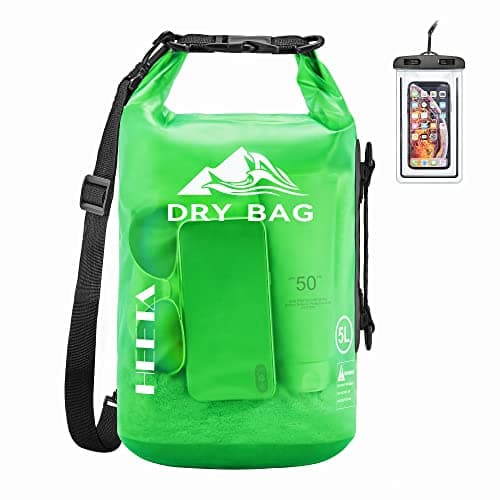 HEETA Dry Bag Waterproof for Women Men, Roll Top Lightweight Dry Storage Bag Backpack with Phone Case for Travel Swimming Boating Kayaking Paddle Board Camping Beach Accessories (Green, 5L)