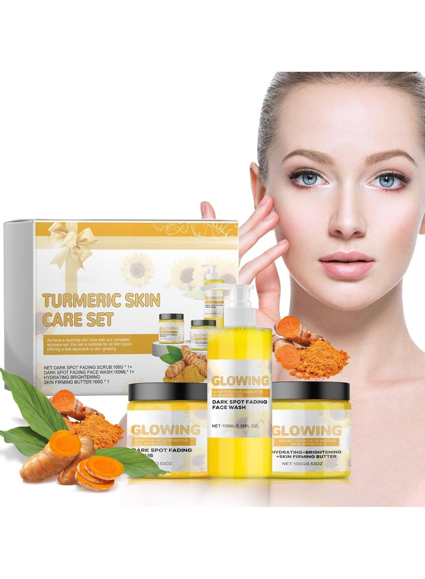 EELHOE Turmeric Skincare Set Turmeric Face Skin Care Set Temeric Cream Cleaning Face Wash Oil Control Nourishing Skin Exfolianting Cream Face Purifying Cream Turmeric Skin Care Kits Turmeric Face Wash Turmeric Glow Scrub Glow Butter Skin Care Set