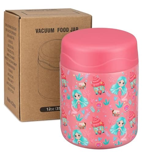 wiwens 12oz Soup Thermo for Hot Food Kids Insulated Food Jar Wide Mouth Lunch Container Leak Proof Stainless Steel Vacuum Bento Box for School Office Travel Outdoors Pink-Mermaid