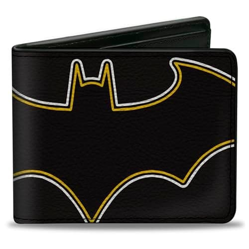 Buckle-Down Men's DC Comics Wallet, Bifold, Batman Bat Logo Close Up Black White Yellow, Vegan Leather, 4.0" x 3.5"