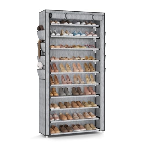 VTRIN Tall Shoe Rack with Cover 10 Tier Shoe Organizer Storage for 5055 Pairs Shoes and Boots Large Capacity Shoe Shelf with 8 Pockets Free Standing Shoe Rack for Closet Entryway Garage Printing