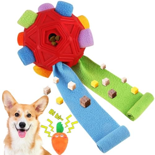Dog Snuffle BallInteractive Puzzle Dog Toys Encourage Natural Foraging Skills Slow Feeder for Training and Stress Relief Cloth Strip Hiding Food Chew Toys for Any Size Dogs Machine Washable Red