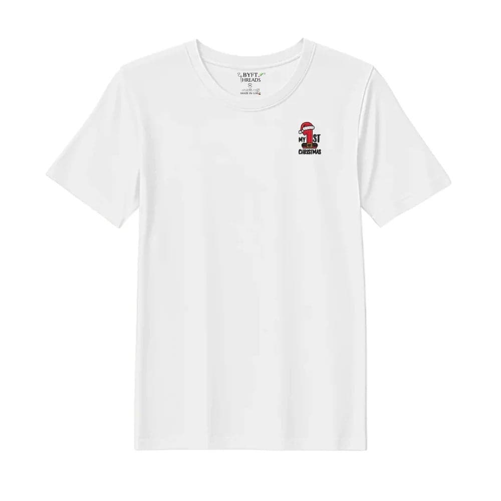 Threads Medium White Polycotton T-Shirt - Christmas "My 1st Christmas" Embroidered Design, Premium Holiday Collection