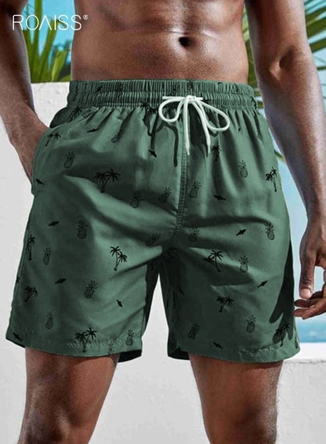 Men's Beach Shorts with Coconut Tree Print Casual Loose Fit Stretch Quick Dry Swim Trunks for Summer Gym Sports Vacation Outdoor Lounge Comfortable Lightweight Athletic Shorts in Army Green