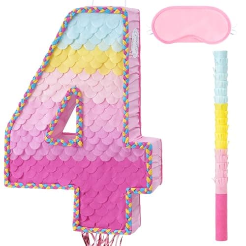 WERNNSAI Pink Sweet Four Piata Number 4 Piata Happy Birthday Decoration Pink Rainbow Design Party Games for Girl Princess Baby Shower Party Favor with Blindfold Anniversary Celebration Supplies