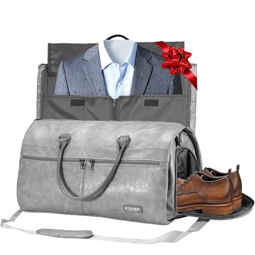 STOVER Garment Travel Duffle Bag, Large 2-in-1 Convertible Carry-on Luggage for Men & Women- Hanging Suits, Dresses & Clothes + Shoe Compartment- Weekender Tote Combo Duffel (Grey Leatherette)